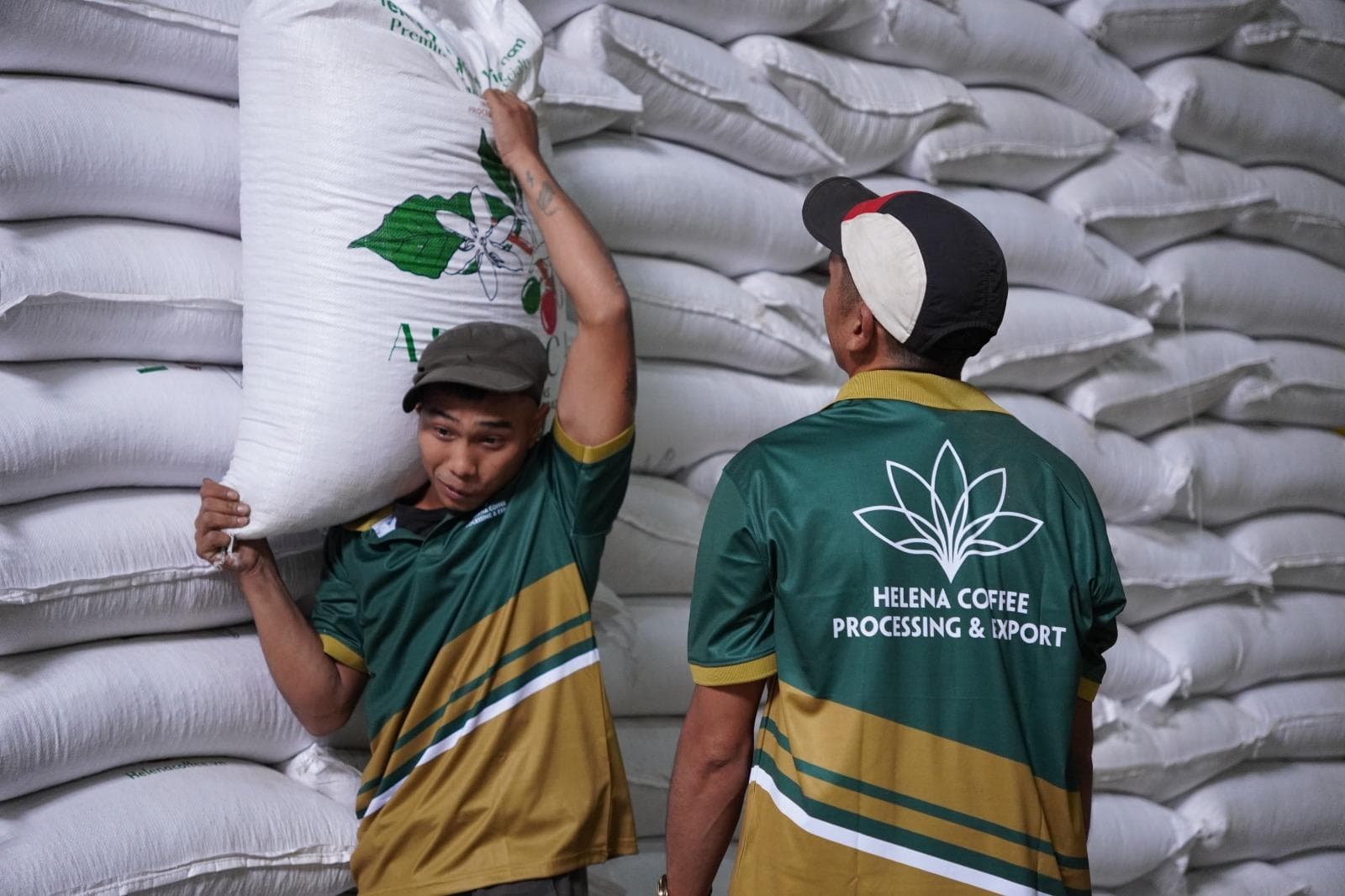 Helena Coffee Vietnam staff with sacks of Arabica